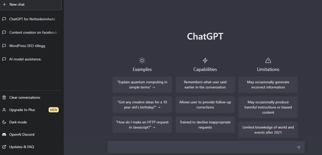 Her er platformen ChatGPT. I denne artikkelen skal vi se på hva er ChatGPT og hvordan det kan brukes til å lage innhold til nettsider.