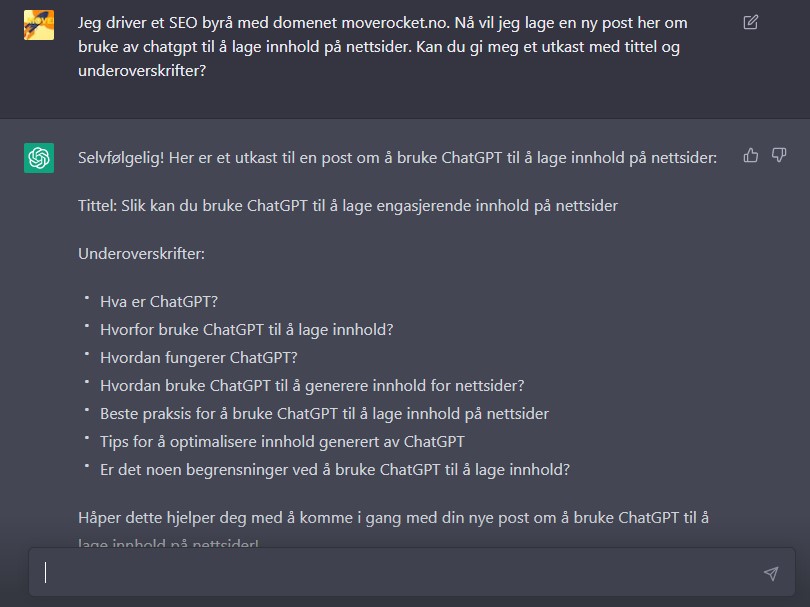 Hvordan bruke ChatGPT? Her er den første kommandoen/oppgaven jeg ga den, med noe av svaret som kom opp.