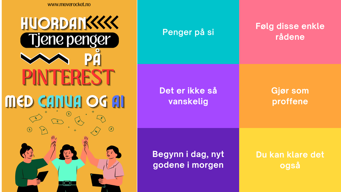 Featured bilde for posten om Hvordan tjene penger på Pinterest med Canva og AI. Viser glade mennesker som kaster penger i været og masse fine farger.